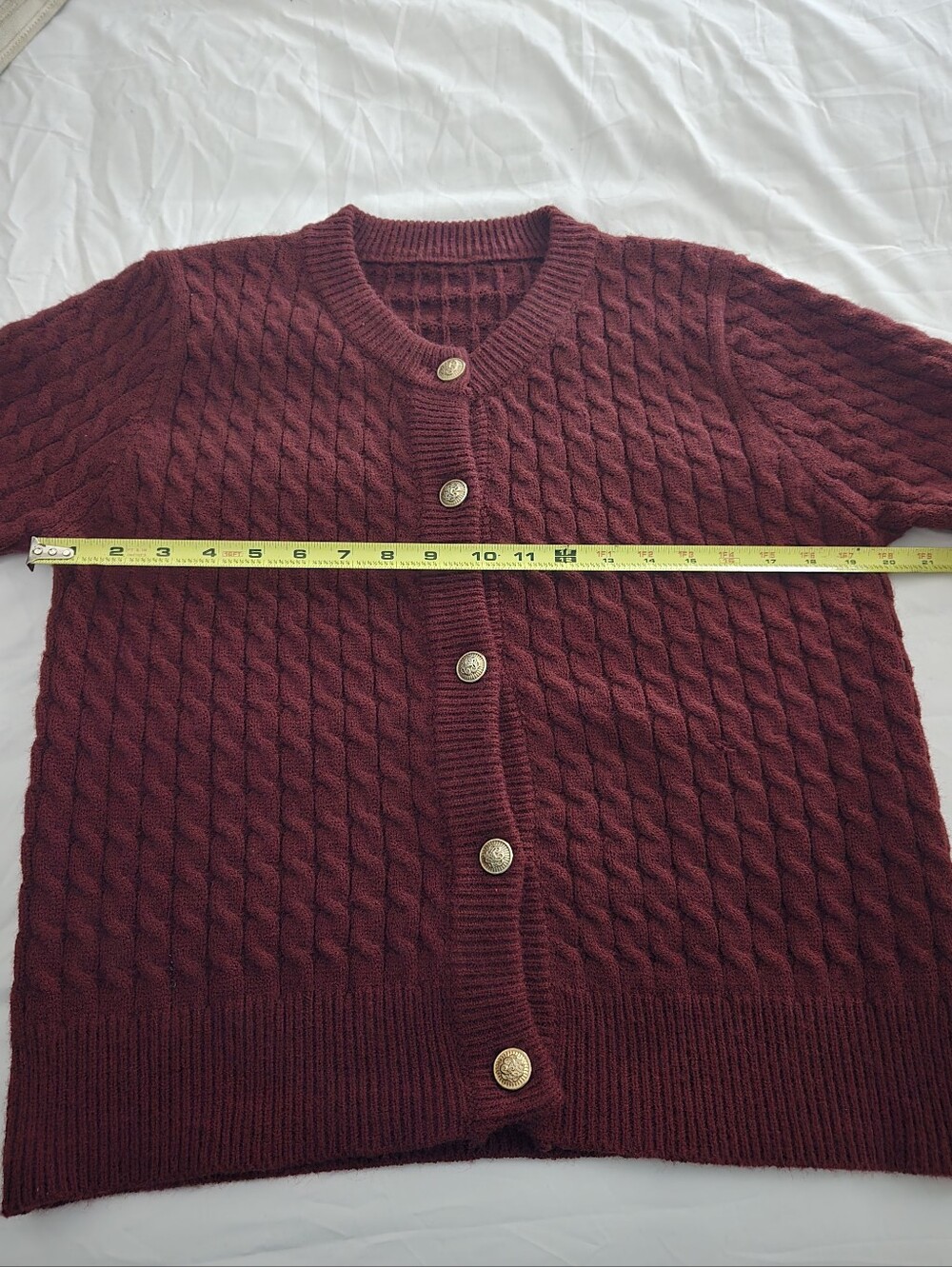 Women's Short Sleeved Maroon Cableknit Cardigan - Picture 4 of 7